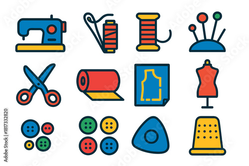 Sewing Tools Icons. Flat vector icons of sewing and tailoring: sewing machine, needle, thread spool, measuring tape, scissors,