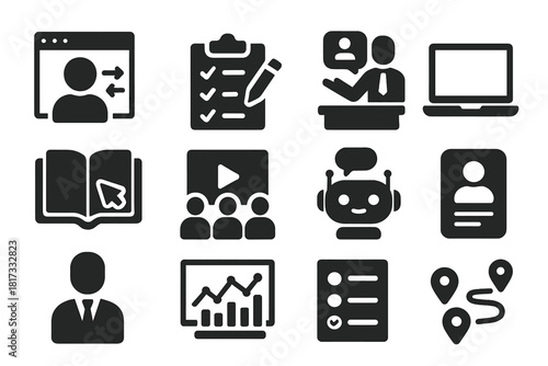 EdTech Solid Icons. Solid style icons of Educational Technology: adaptive lesson, automated assessment, virtual instructor, laptop