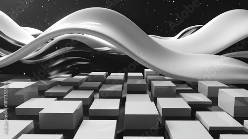 Abstract 3D Wave and Cubes in Black and White