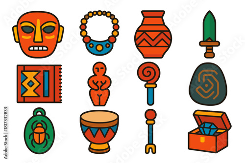 Cultural Artifact Icons. Flat vector icons of cultural artifacts: ceremonial mask, necklace, pottery vase, bronze dagger, textile