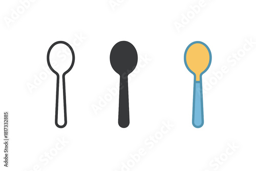 Minimalist Spoon Designs. Minimalist spoon kitchen icon: three identical spoons with round bowls in a row, first in line style