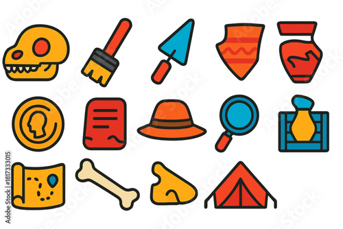 Archaeology Icon Set. Flat vector icons of archaeology: fossil skull, excavation brush, trowel, pottery shard, ancient coin, stone
