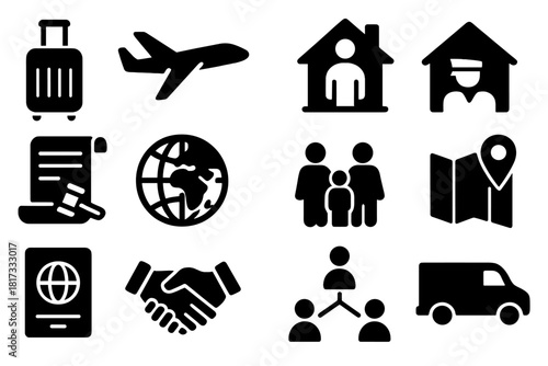 Refugee Journey Icons. Solid style icons of Refugee and Diaspora: luggage, airplane, checkpoint, refugee shelter, law document,