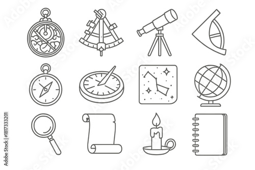 Astronomical Tools Icons. Line style icons of Astronomical Tools: Astrolabe, Sextant, Telescope, Quadrant; Compass, Sundial, Star