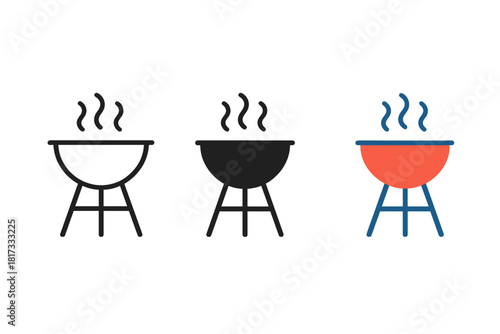 Minimalist Grill Icons. Minimalist grill cooking icon: three identical round grills with legs in a row, first in line style with
