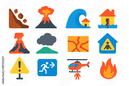 Natural Disaster Icons. Flat vector icons of natural disasters: landslide, volcanic eruption, tsunami, earthquake, lava flow, ash