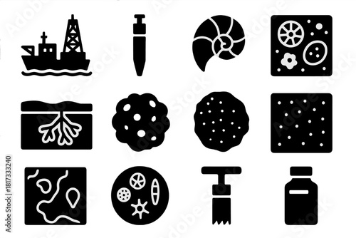 Ocean Sediment Icons. Solid style icons of ocean sediments: deep-sea drill ship, core barrel, foraminifera shell, diatom ooze,