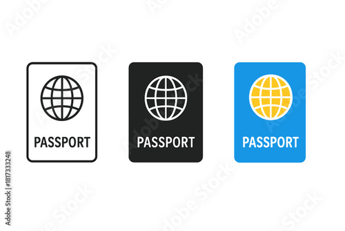 Minimalist Passport Icons. Minimalist passport travel icon: three identical passports with globe symbol on cover in a row, first