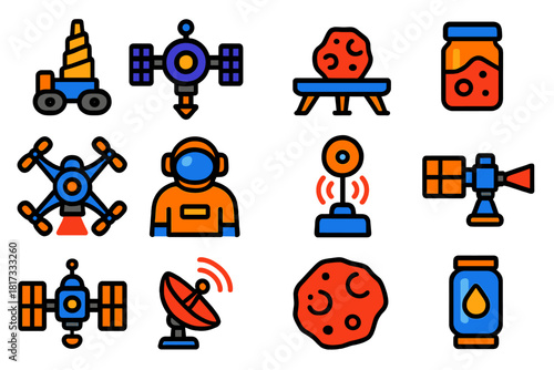 Space Mission Icons. Flat vector icons of asteroid and comet missions: mining rig, probe, landing platform, sample container,
