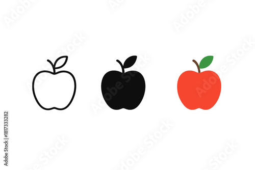 Three Apple Styles. Minimalist apple fruit icon: three identical apples with a small leaf on top in a row, first in line style