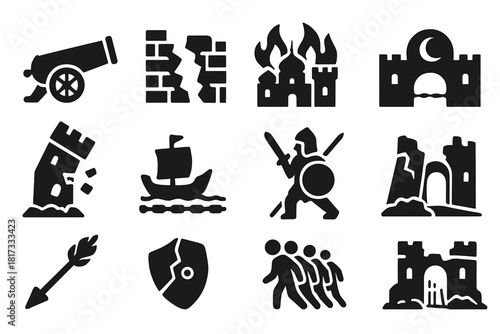 Fall of Constantinople Icons. Solid style icons of fall of Constantinople: cannon, breached wall, burning city, crescent over gate