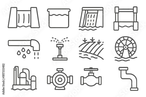 Water Management Icons. Line style icons of Water Management: Dam, Reservoir, Spillway, Gate; Irrigation Pipe, Sprinkler, Field,