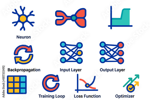 Neural Network Icons. Flat vector icons of neural network concepts: neuron node, synapse connection, activation function,