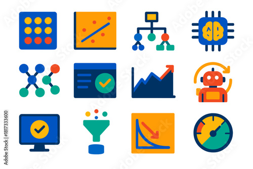 Machine Learning Icons. Flat vector icons of machine learning: training dataset, regression chart, decision tree, AI model,