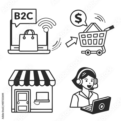 B2C icon set. Business to consumer, e-commerce, customer service, retail, digital marketing, direct sales, customer experience, online store and more. Solid vector icons collection.