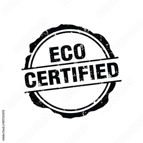 Grunge black eco certified rubber seal stamp on transparent background