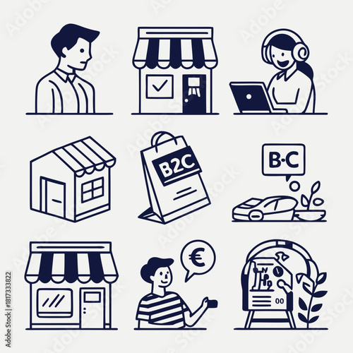 B2C icon set. Business to consumer, e-commerce, customer service, retail, digital marketing, direct sales, customer experience, online store and more. Solid vector icons collection.