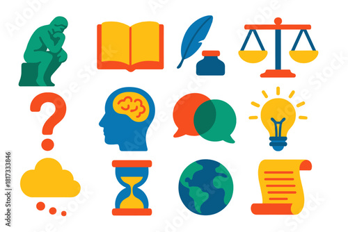 Philosophy Icon Collection. Flat vector icons of philosophy: thinker statue, open book, quill pen, scales of justice, question