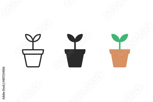 Minimal Plant Pots. Minimalist plant pot icon: three identical flower pots with small plants in a row, first in line style with