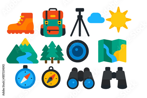 Outdoor Photography Icons. Flat vector icons of outdoor photography: hiking boots, camera backpack, tripod, sun, cloud, mountain,