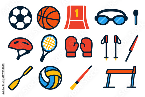 Competitive Sports Icons. Flat vector icons of competitive sports: soccer ball, basketball, track lane, swimming goggles, cycling