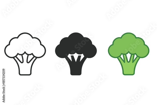 Broccoli Icon Variations. Minimalist broccoli vegetable icon: three identical broccoli heads with thick stalks in a row, first in