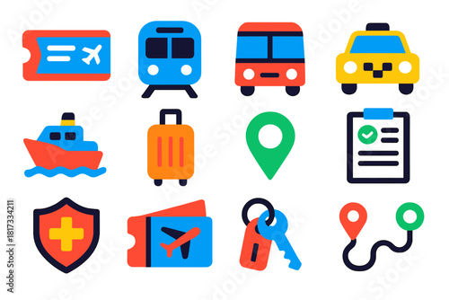 Travel Logistics Icons. Flat vector icons of travel logistics: airplane ticket, train, bus, taxi, ferry, luggage, map pin, travel