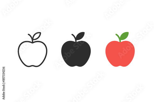Three Apple Styles. Minimalist apple fruit icon: three identical apples with a small leaf on top in a row, first in line style