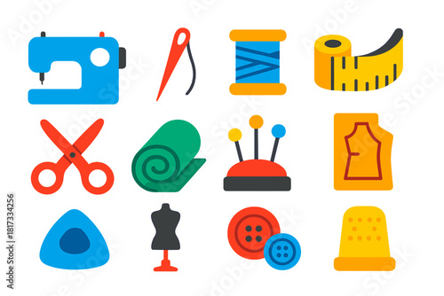 Sewing Tools Icons. Flat vector icons of sewing and tailoring: sewing machine, needle, thread spool, measuring tape, scissors,