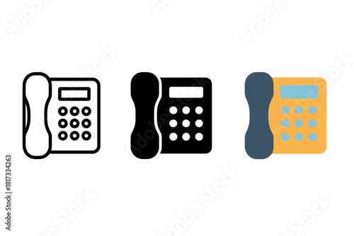Minimalist Phone Trio. Minimalist office phone icon: three identical desk phones with handset and keypad in a row, first in line