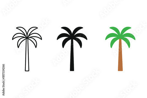 Stylized Palm Tree Trio. Minimalist palm tree icon: three identical palm trees with long trunks and leaves in a row, first in line
