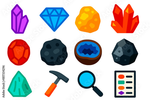 Mineral Icon Collection. Flat vector icons of mineralogy: quartz, diamond, gold nugget, crystal cluster, gemstone, ore, geode,