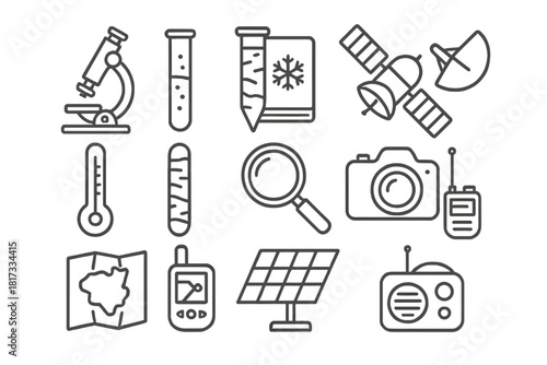 Polar Research Icons. Line style icons of Polar Research: Microscope, Test Tube, Notebook, Satellite; Thermometer, Ice Core,