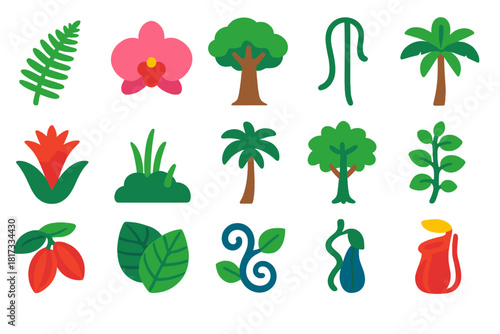 Rainforest Flora Icons. Flat vector icons of rainforest flora: fern, orchid, kapok tree, liana, bromeliad, moss, palm tree, fig
