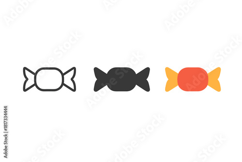 Triple Candy Icons. Minimalist candy dessert icon: three identical candies wrapped at both ends in a row, first in line style with