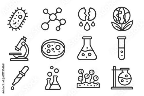 Bioremediation Research Icons. Line style icons of Bioremediation Research: Bacterium, Polymer Molecule, Breakdown Process,