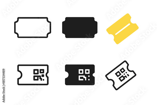 Minimalist Ticket Designs. Linear minimalistic ticket icon: rectangle outline with cut corners, uniform line thickness, no fill,