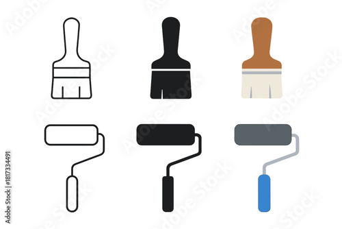 Minimalist Brush Icons. Linear minimalistic paint brush icon: brush outline with bristles, uniform line thickness, no fill, Solid