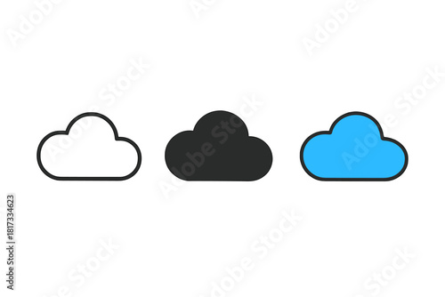 Minimalist Cloud Icons. Minimalist cloud internet icon: three identical cloud shapes in a row, first in line style with thin