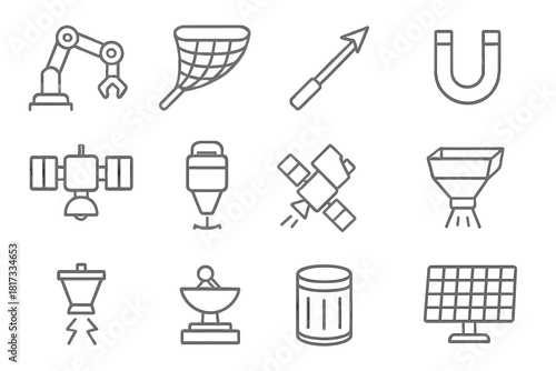Debris Collection Icons. Line style icons of Debris Collection Tools: Robotic Arm, Net, Harpoon, Magnet; Satellite Tug, Vacuum,
