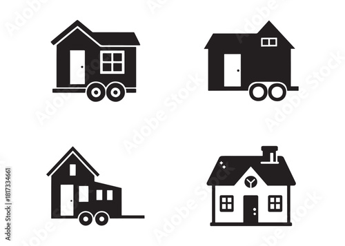 Tiny House logo silhouette vector, camping trailer house logo icon silhouette, wheels house silhouette vector design, house on wheels black silhouette isolated on a white background