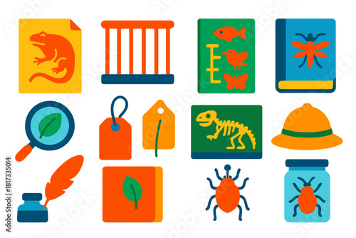 Vintage Zoology Icons. Flat vector icons of Vintage Zoology: animal sketch, wooden cage, classification chart, observation