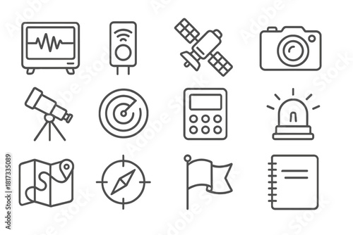 Impact Monitoring Icons. Line style icons of Impact Monitoring Tools: Seismograph, Sensor, Satellite, Camera; Telescope, Radar,