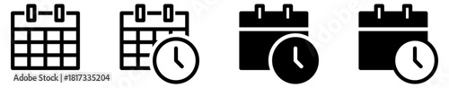 calendar and time cleck icons ,  for scheduling, events, reminders or scheduled event, date selection, or time management in outline and filled styles