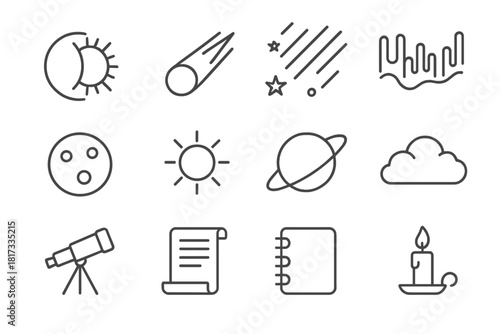 Astronomical Icon Collection. Line style icons of Observational Phenomena: Eclipse, Comet, Meteor Shower, Aurora; Moon, Sun,