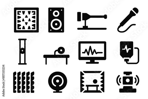 Experimental Acoustics Icons. Solid style icons of experimental acoustics: anechoic chamber, loudspeaker, laser vibrometer,