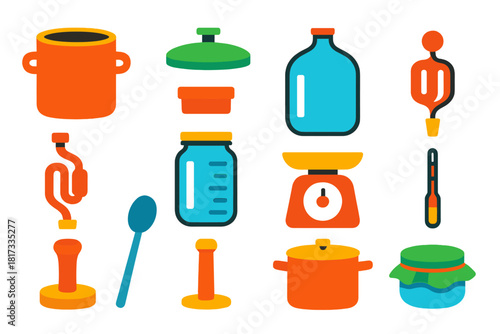Fermentation Tools Icons. Flat vector icons of fermentation tools: ceramic crock, fermentation lid, glass carboy, rubber stopper,