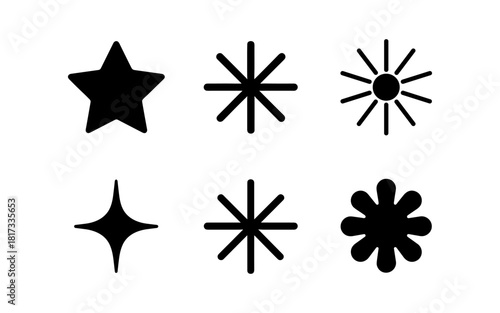 Simple black star and asterisk symbols set for modern design projects