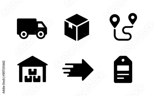Logistics and shipping icons pack: delivery, parcel, warehouse, route markers
