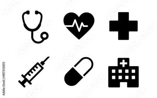 Medical icons set: stethoscope, heartbeat, cross, syringe, capsule, hospital building
